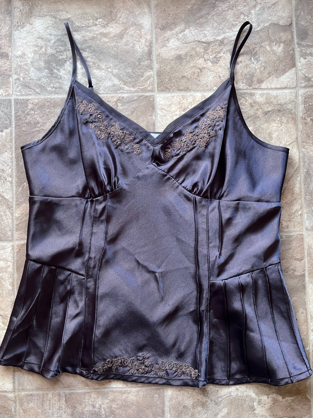 Vintage Y2K Ricki’s Satin Cami Top Brown Floral Embroidery Size M Mesh Trim Slip